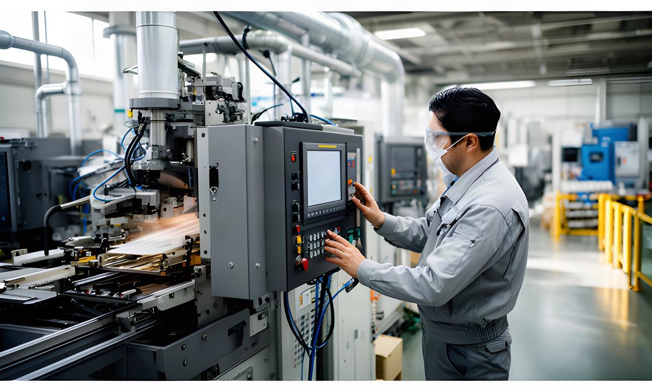 埼玉県内の製造工場で稼働する設備と、操作盤を確認する作業担当者