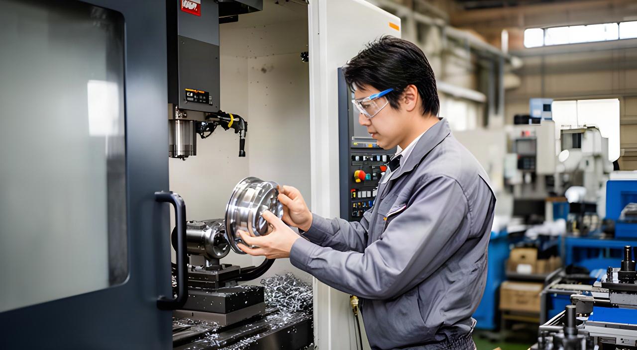 埼玉県の金属加工工場で作業者が加工機を操作し、製品の仕上がりを確認している現場
