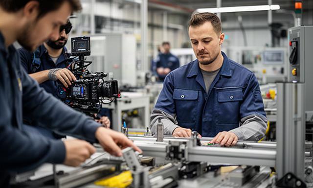 製造現場の作業風景と社員の表情を組み合わせた企業紹介映像の撮影風景