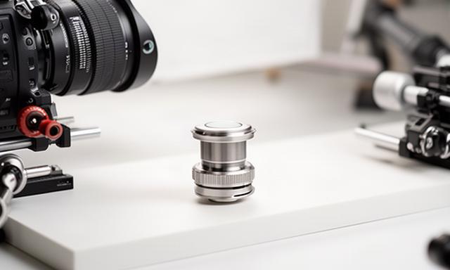 明るい商品撮影台の上で、小型の精密部品を接写している製品紹介映像の撮影現場