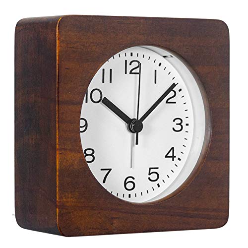 AROMUSTIME 3-Inches Square Wooden Alarm Clock with Arabic Numerals, Non-Ticking Silent